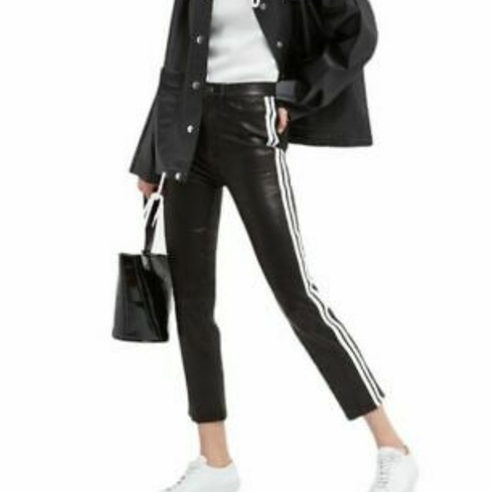 Rag & Bone Ankle Leather Black Cigarette Pants With Stripes 23
